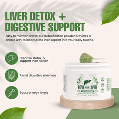 Serving scoop of Love Your Liver Detox powder mixed with water