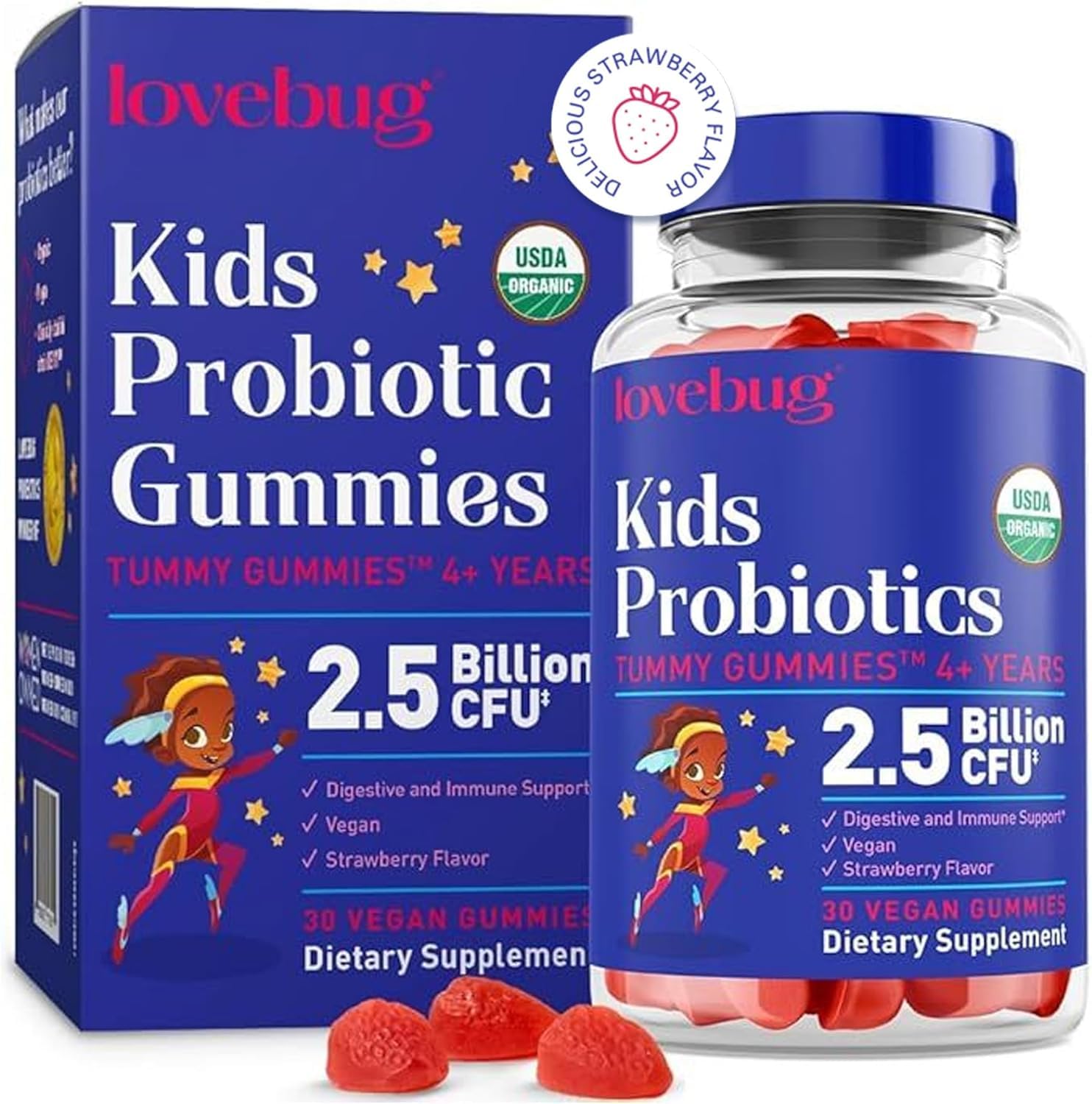 Lovebug Kids Probiotic Gummies strawberry flavor bottle with 30 gummies