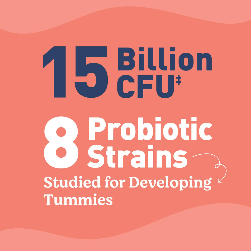 Nutrition panel showing 15B CFU and 8 probiotic strains for toddlers