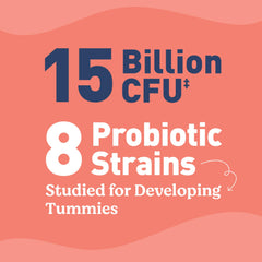 Nutrition panel showing 15B CFU and 8 probiotic strains for toddlers