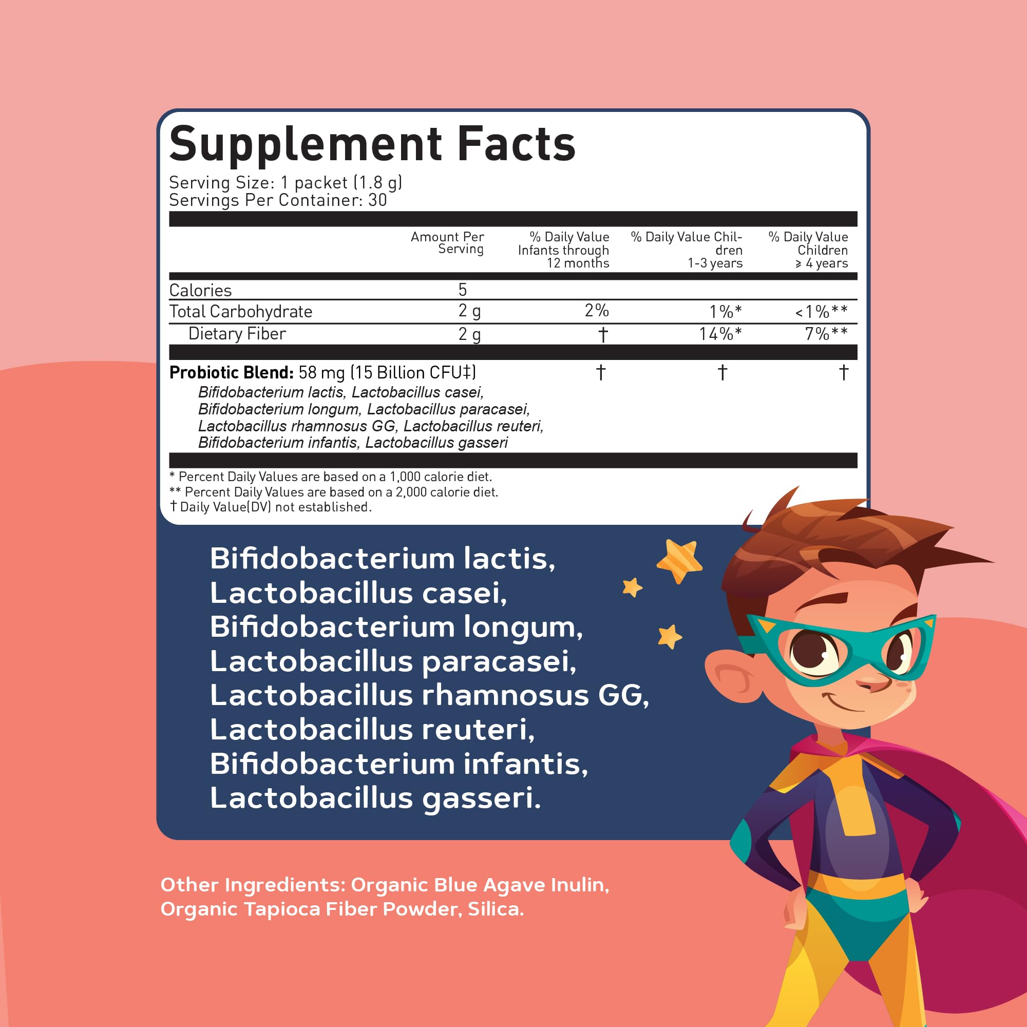 Smiling toddler holding Lovebug probiotic powder box