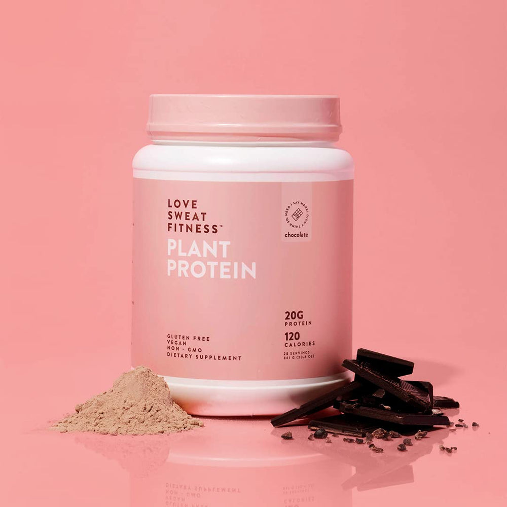 Love Sweat Fitness protein chocolate scoop highlights quick, plant-based 20g protein per serving.