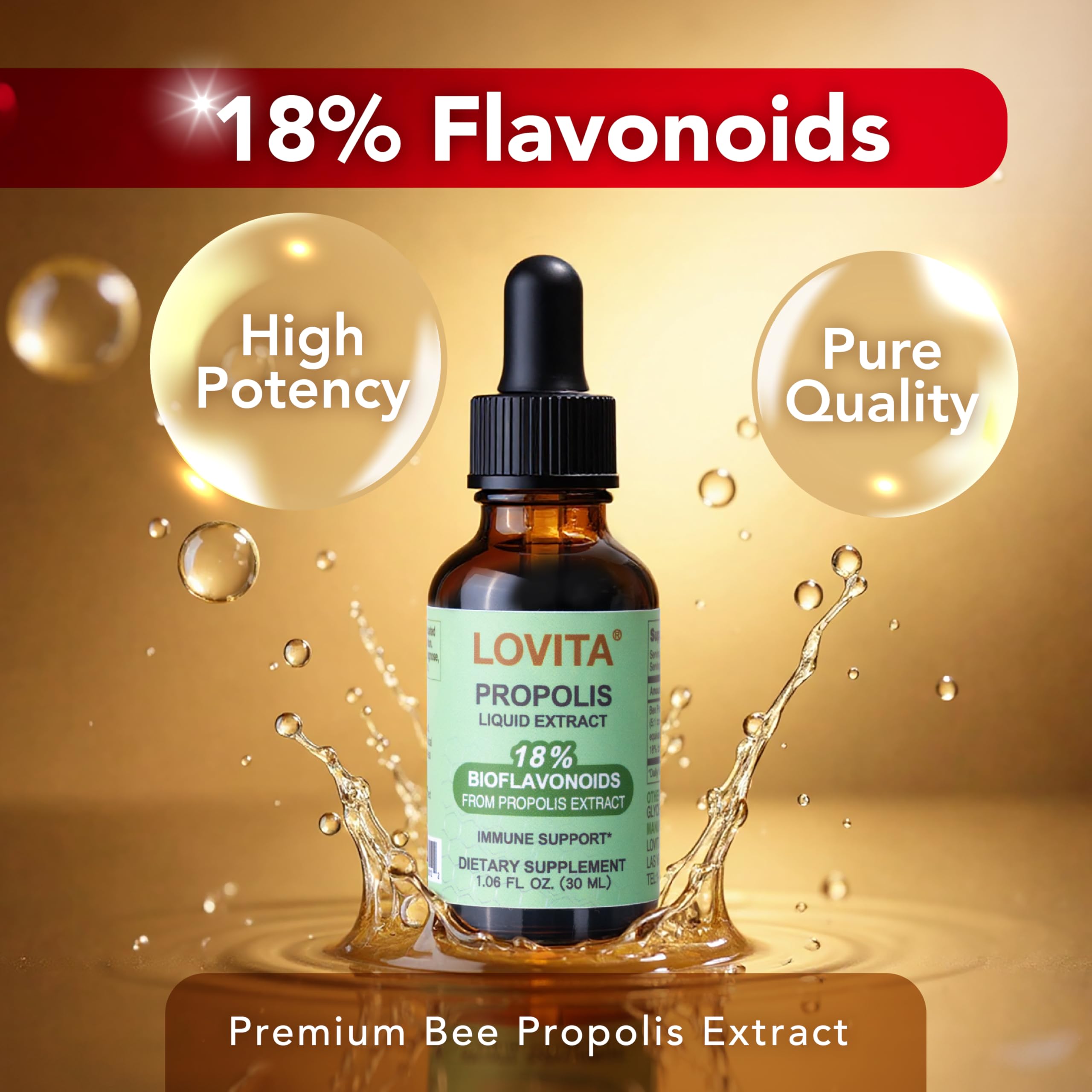 Front view of Lovita Bee Propolis 500 mg liquid extract bottle