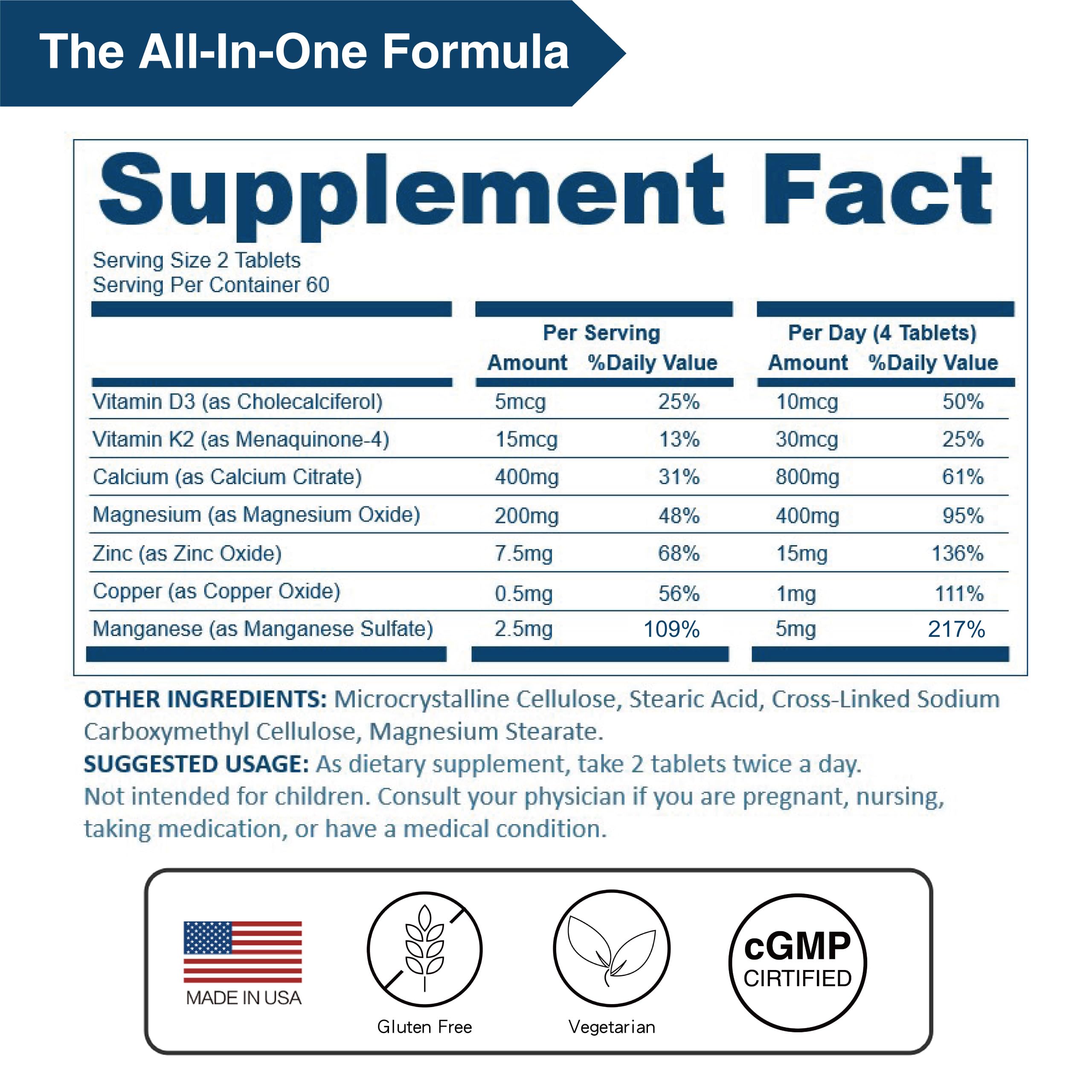 Supplement facts highlighting 800 mg calcium and 400 mg magnesium per serving