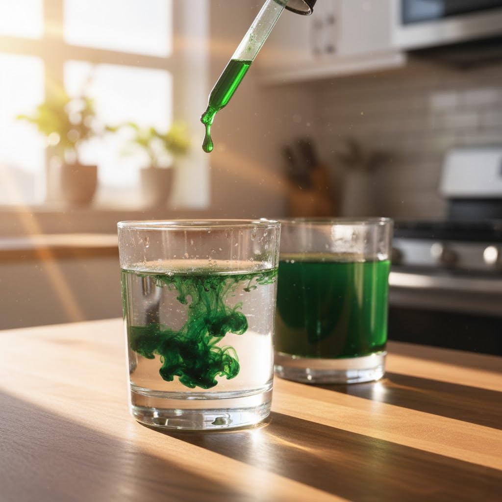 Chlorophyll drops bottle with dropper showing 120 mg/mL potency