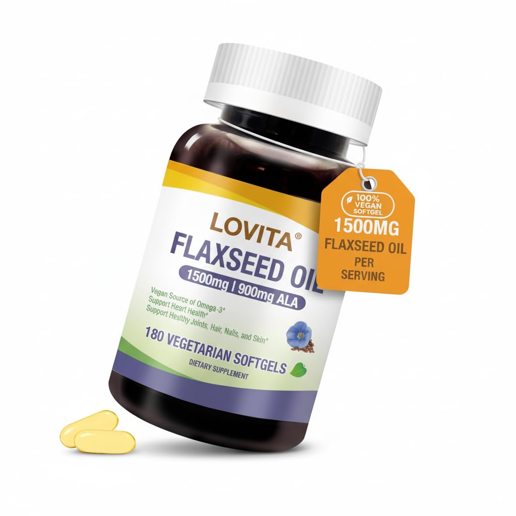 Front view of LOVITA flaxseed oil bottle highlighting 1500mg/900mg ALA and 180 softgels
