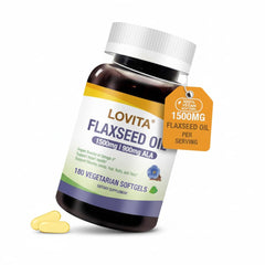 Front view of LOVITA flaxseed oil bottle highlighting 1500mg/900mg ALA and 180 softgels