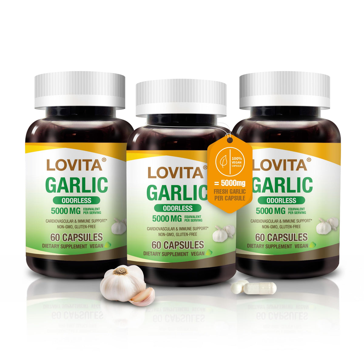 LOVITA Odorless Garlic Capsules 5000 mg fresh garlic equivalent with 1.25% allicin, 180 vegan capsules