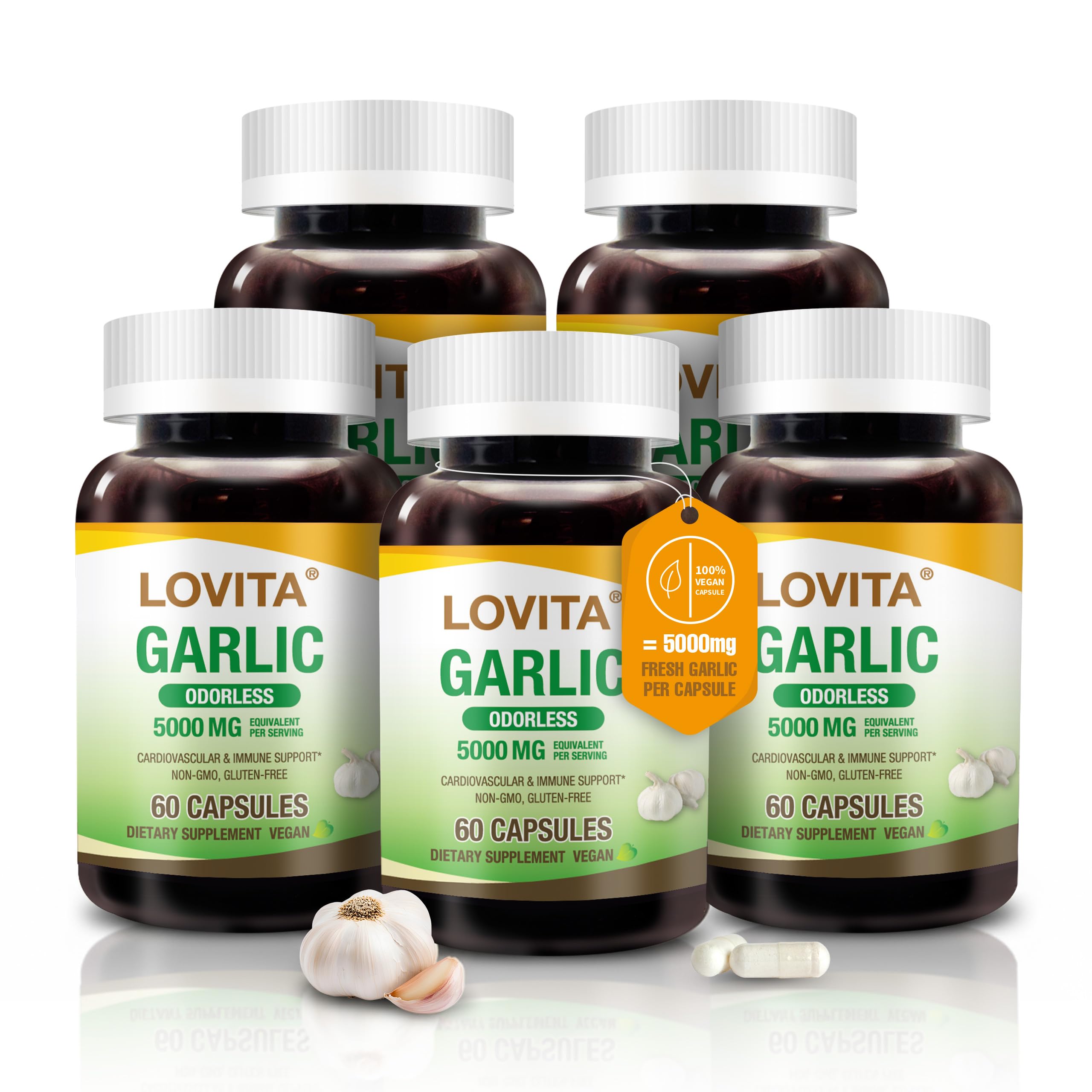 Lovita odorless garlic capsules bottle with 5000mg equivalent allicin
