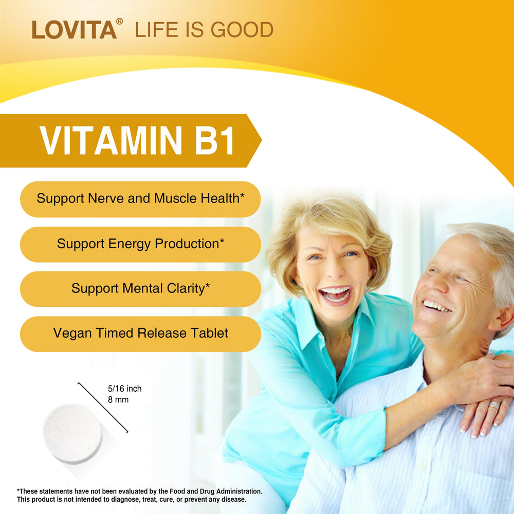 Vegan, GMO-free supplement label for LOVITA Vitamin B1 + B12