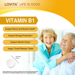 Vegan, GMO-free supplement label for LOVITA Vitamin B1 + B12