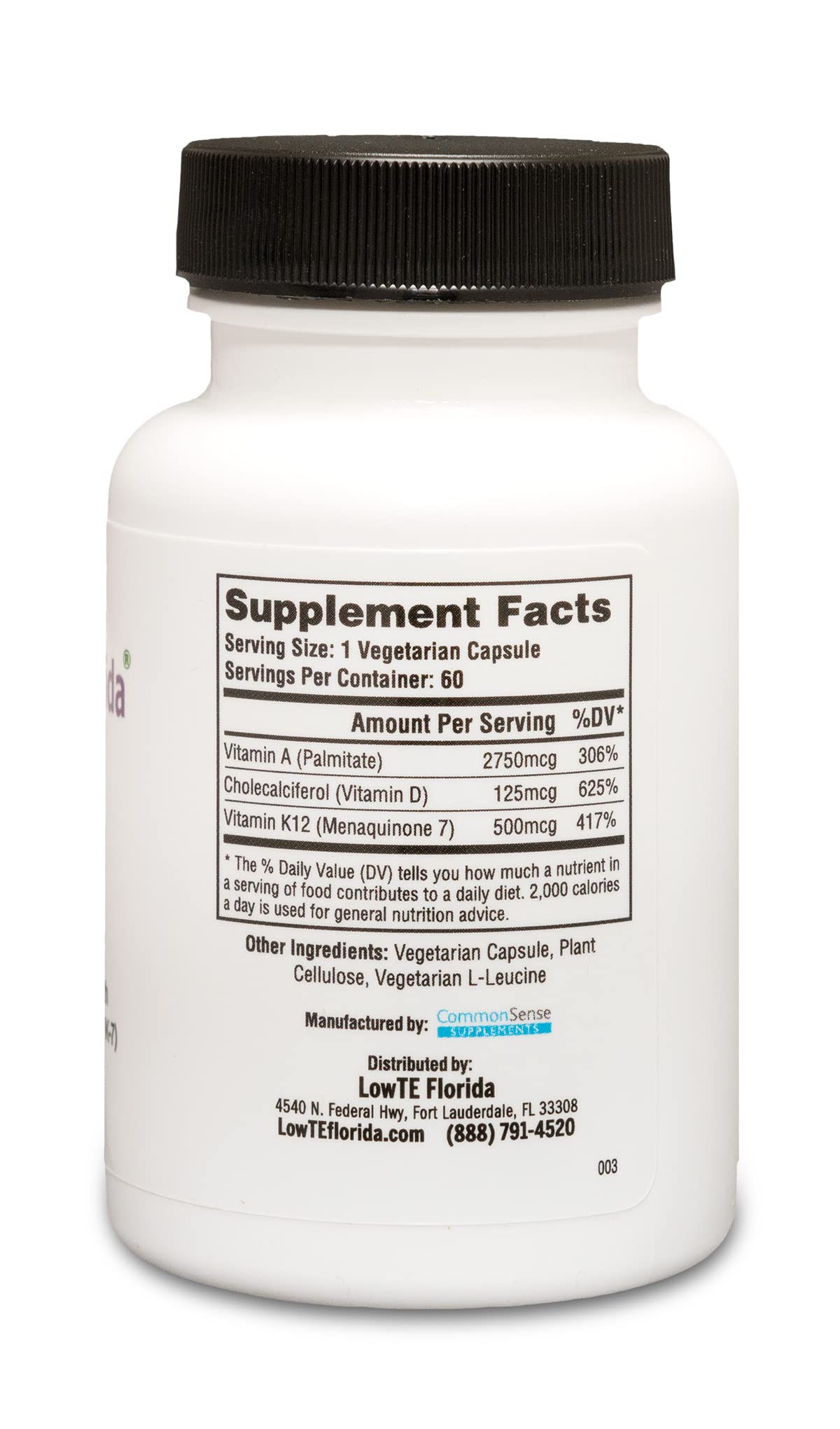 Close-up of vitamins A, D3, and K2 MK-7 ingredients on the label