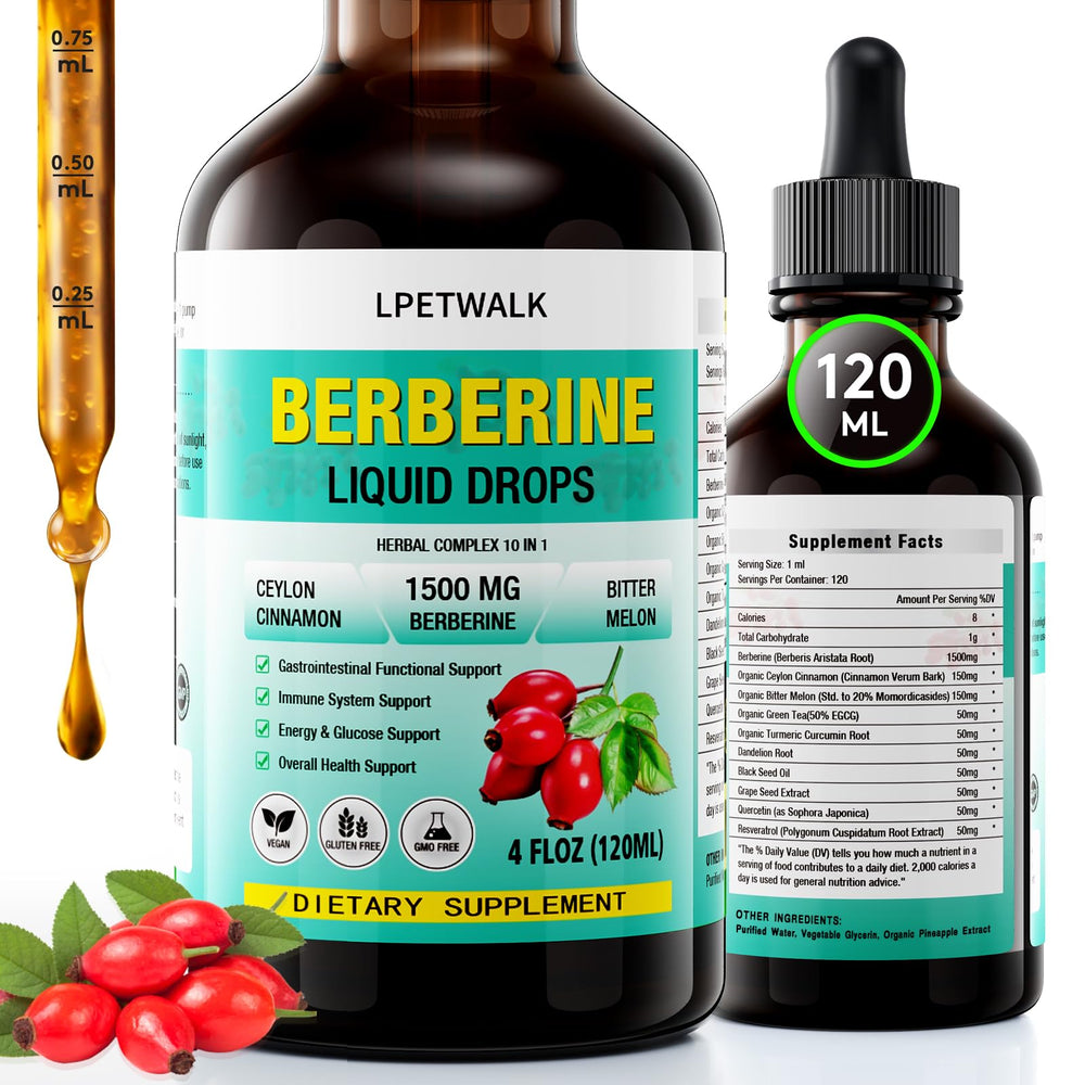LPETWALK Berberine Liquid Drops bottle with glass dropper, 120 ml