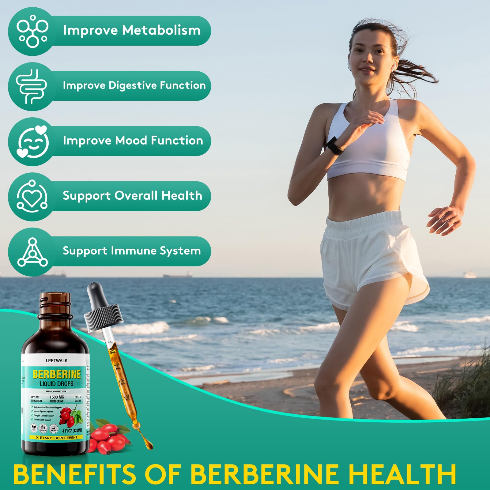 Close-up of Berberine liquid drops dispensed from a glass dropper