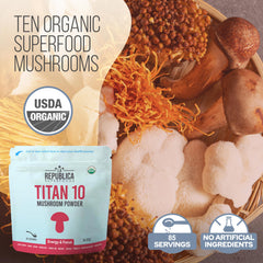 Close-up of the 100% full fruiting body mushrooms in Titan 10 powder