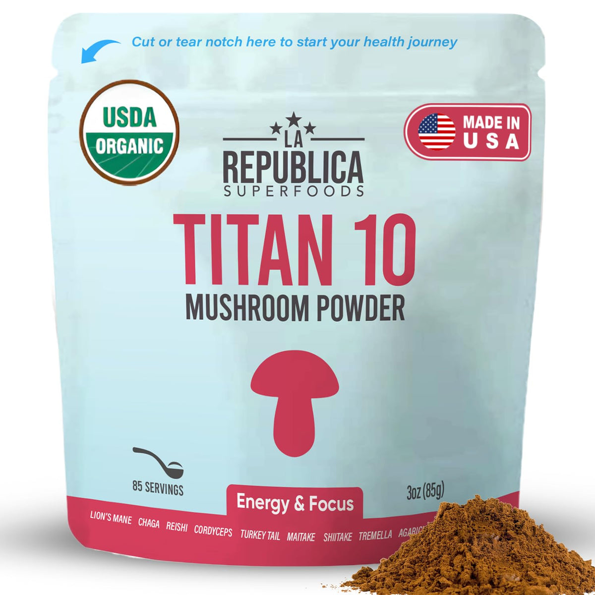 Front view of LRLA Titan 10 Organic Mushroom Powder bottle