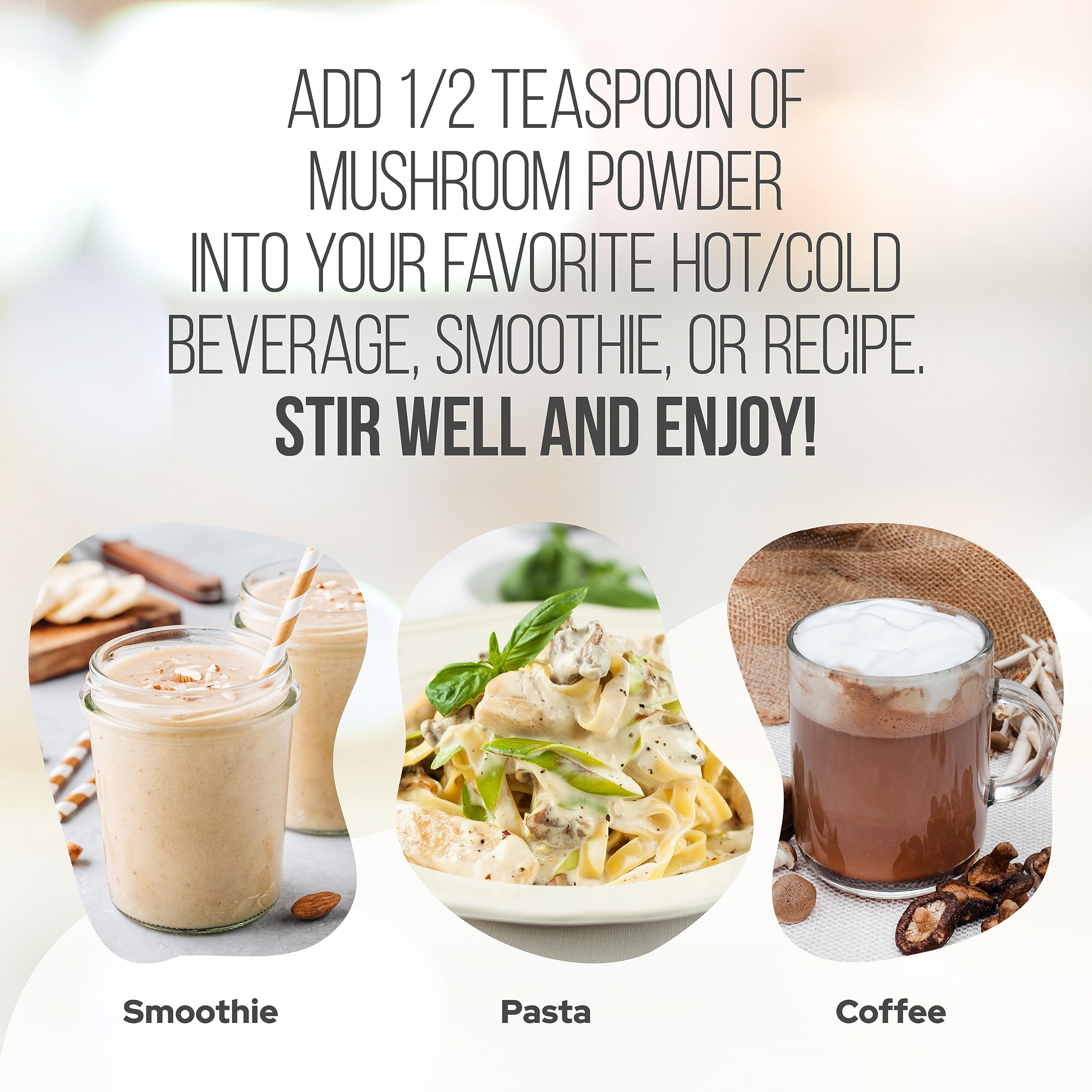 Usage ideas showing smoothie, coffee, tea with mushroom powder