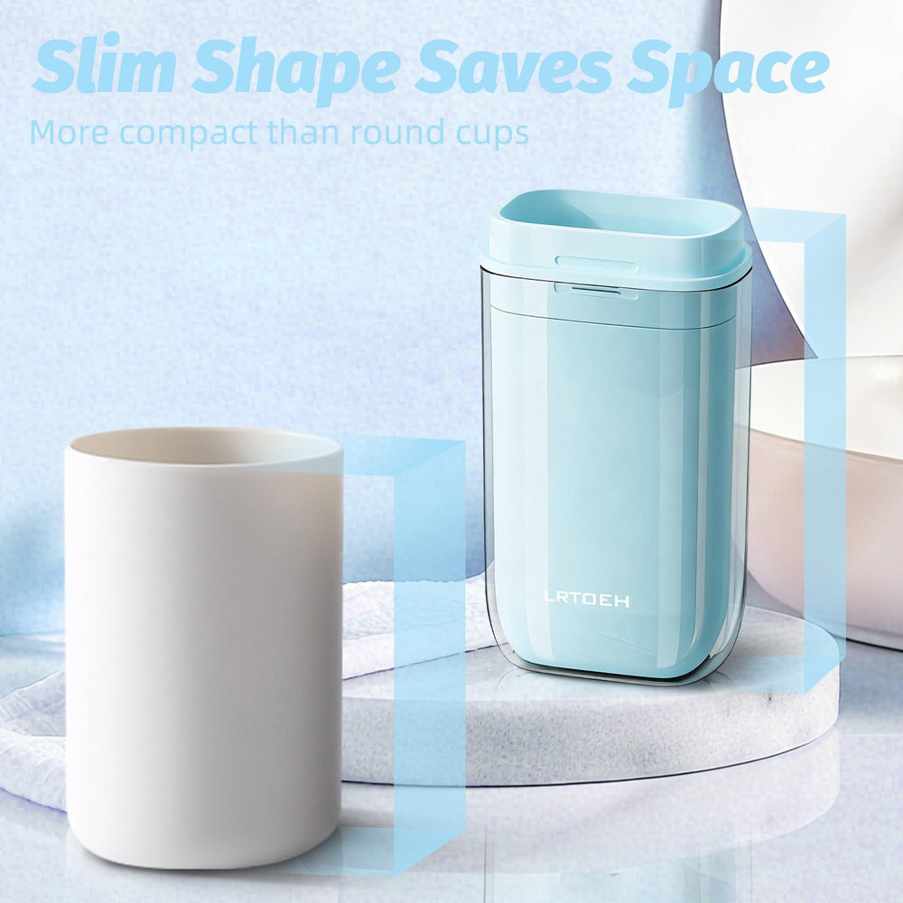 Blue container holding toothpaste and toiletries