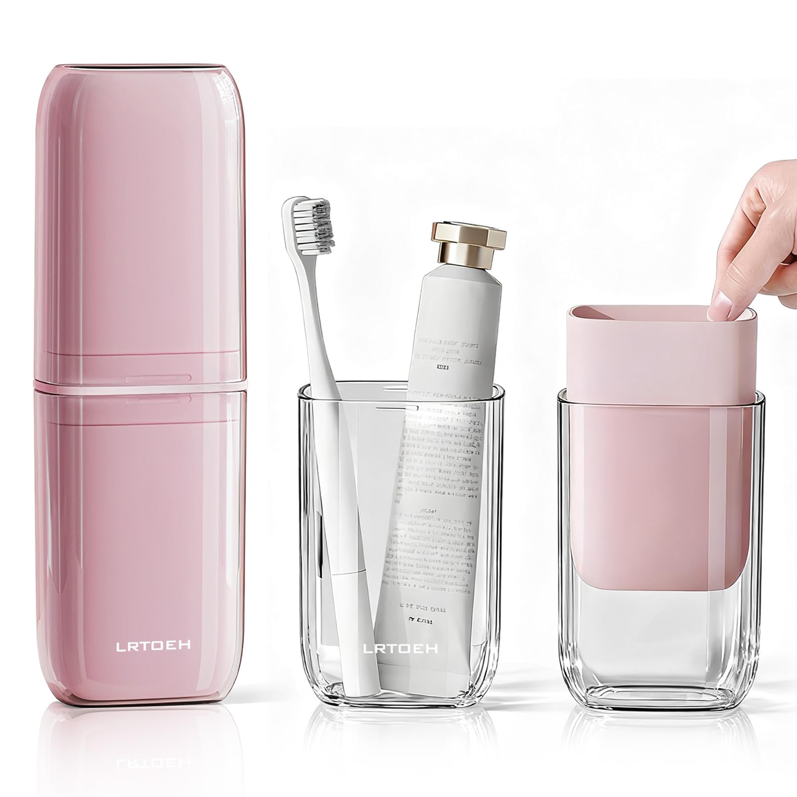 LRTOEH 4-in-1 toothbrush travel cup case in pink, compact and portable