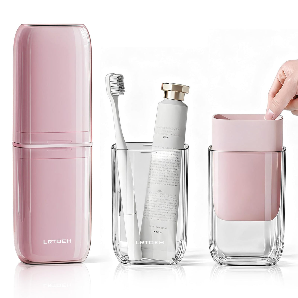 LRTOEH 4-in-1 toothbrush travel cup case in pink, compact and portable