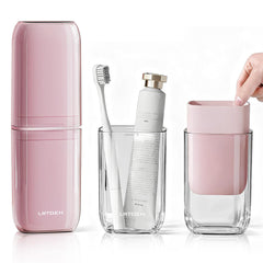 LRTOEH 4-in-1 toothbrush travel cup case in pink, compact and portable