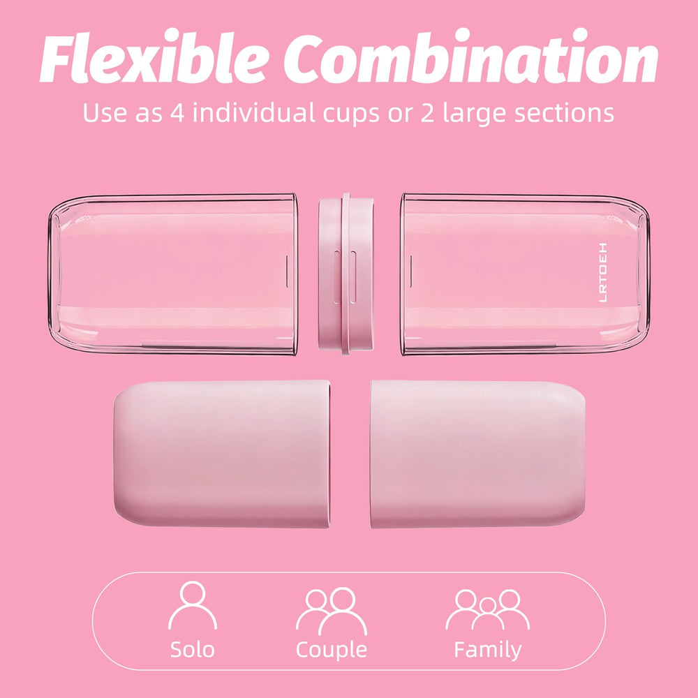 Each compartment can function as a rinse cup, toothbrush holder, or toiletry container