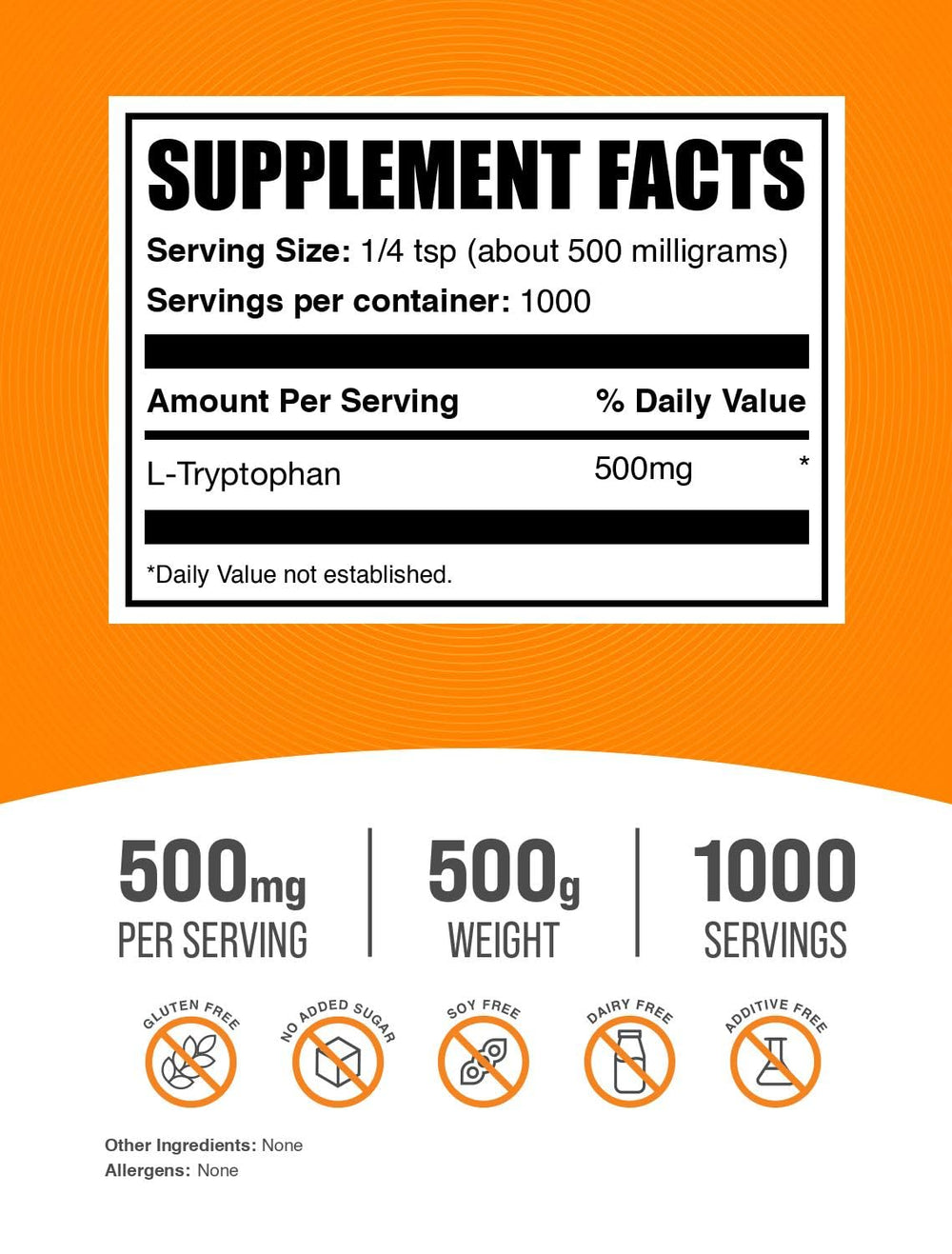 L-Tryptophan powder 500 mg per serving in a 500 g pack