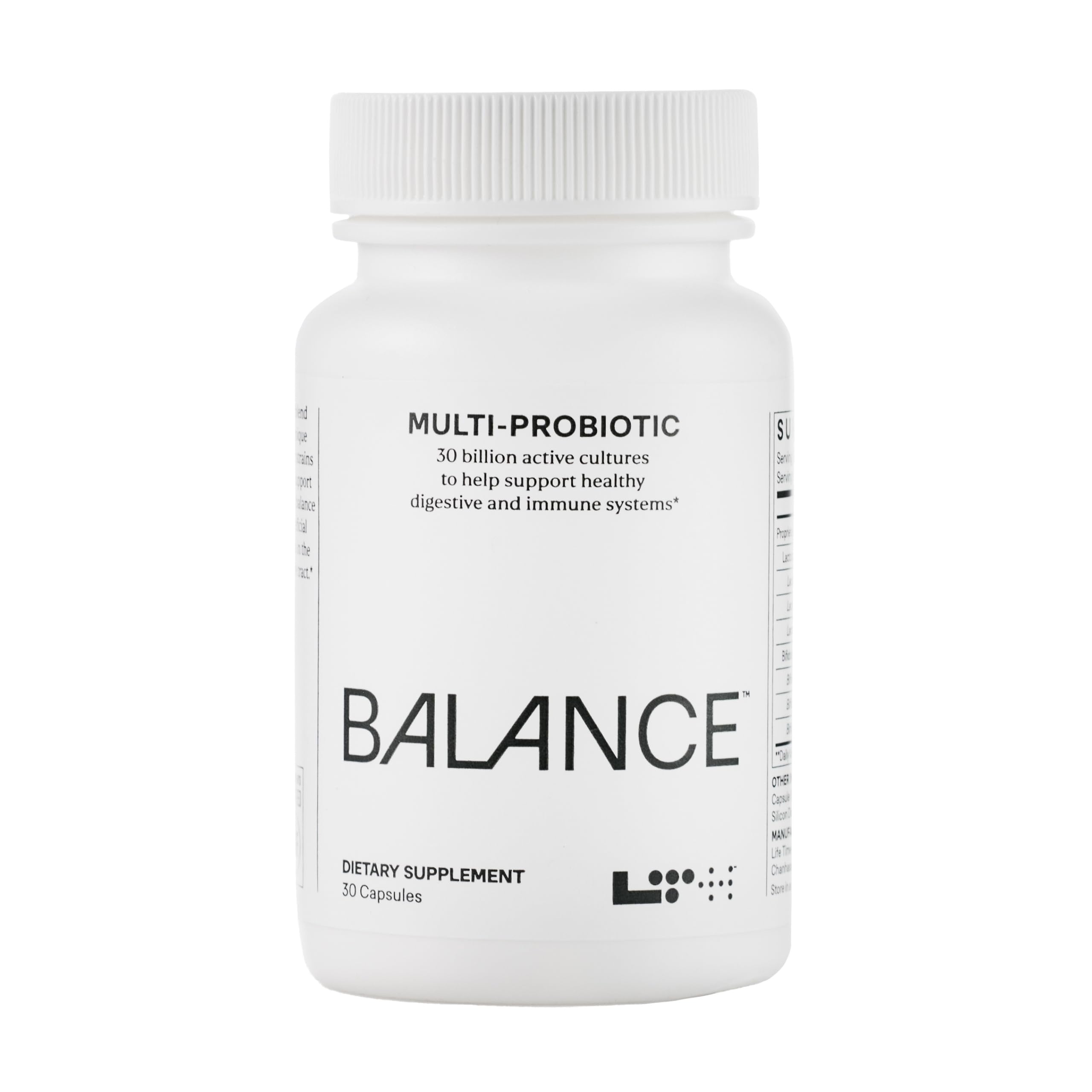 Front view of LTH Balance Multi Pro 30B Probiotic bottle