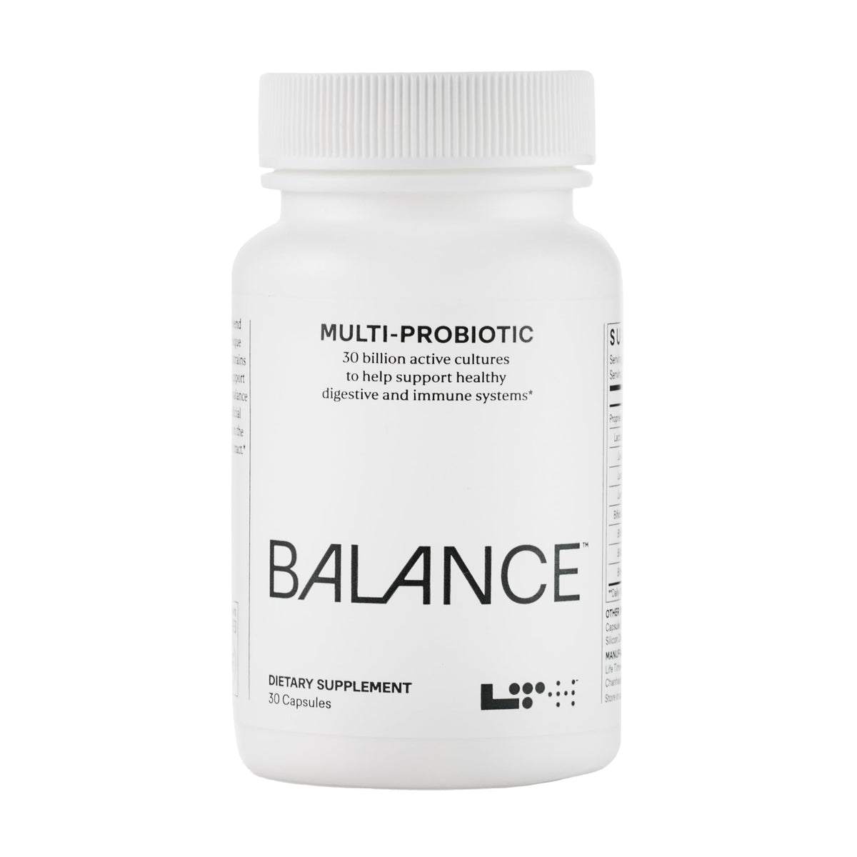 Front view of LTH Balance Multi Pro 30B Probiotic bottle