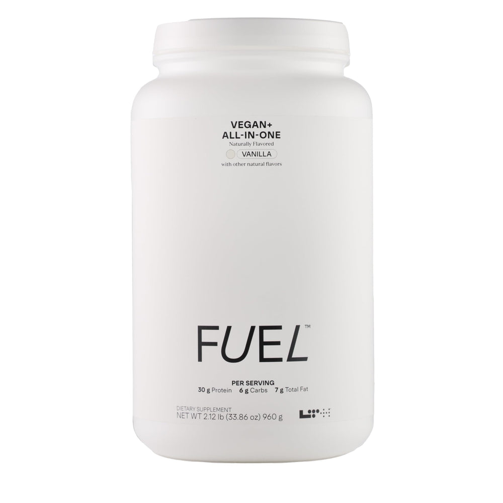 LTH Fuel Vegan All-in-One vanilla bottle shows 30g plant protein for meals