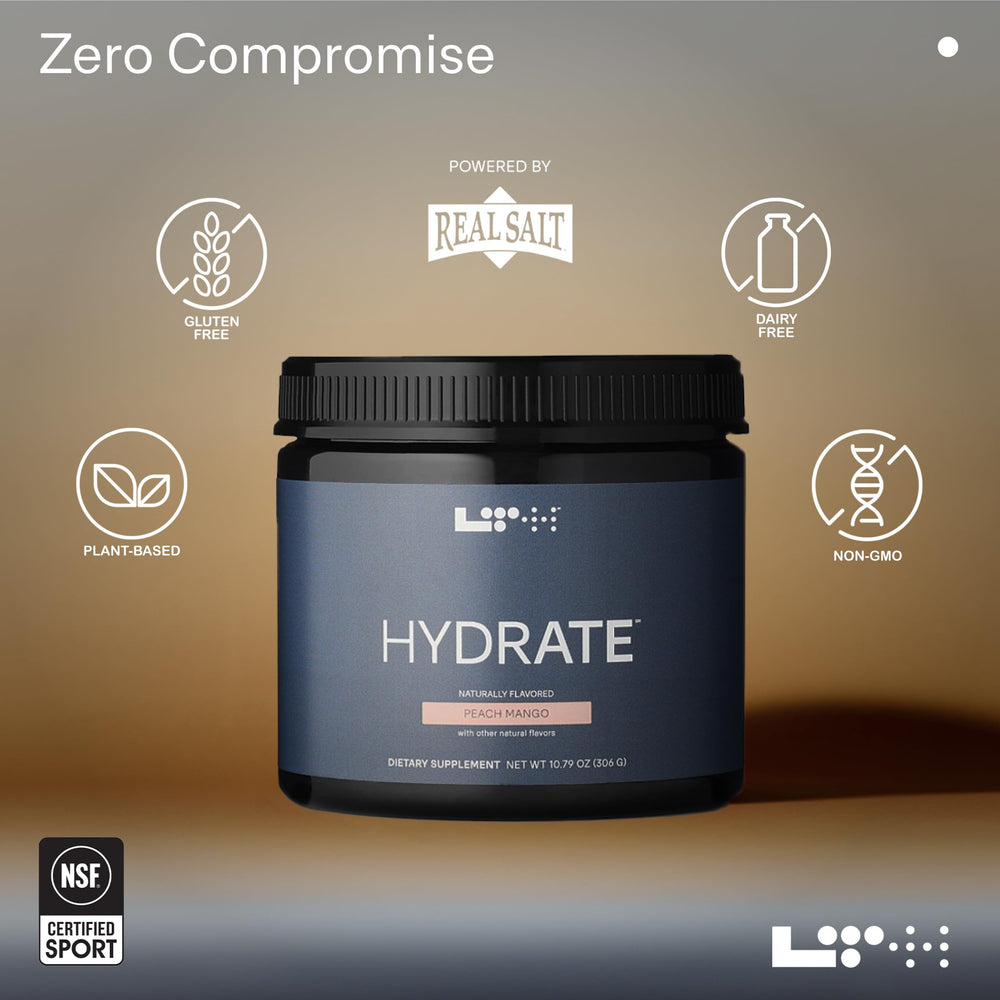 LTH Hydrate glass with fizz communicates plant-based electrolyte mix for sports and active lifestyles.