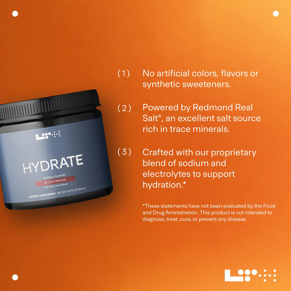 LTH Hydrate ingredients bowl highlighting plant-based electrolyte blend.