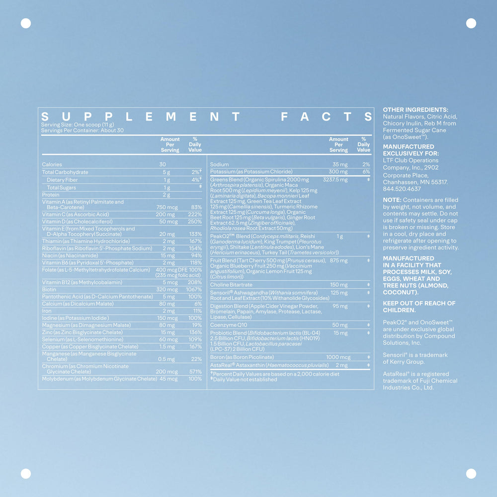 Close-up of transparent label showing ingredients and 23 vitamins and minerals