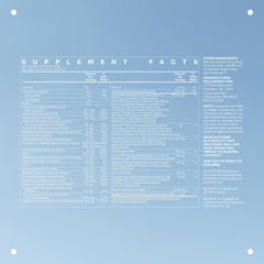 Close-up of transparent label showing ingredients and 23 vitamins and minerals