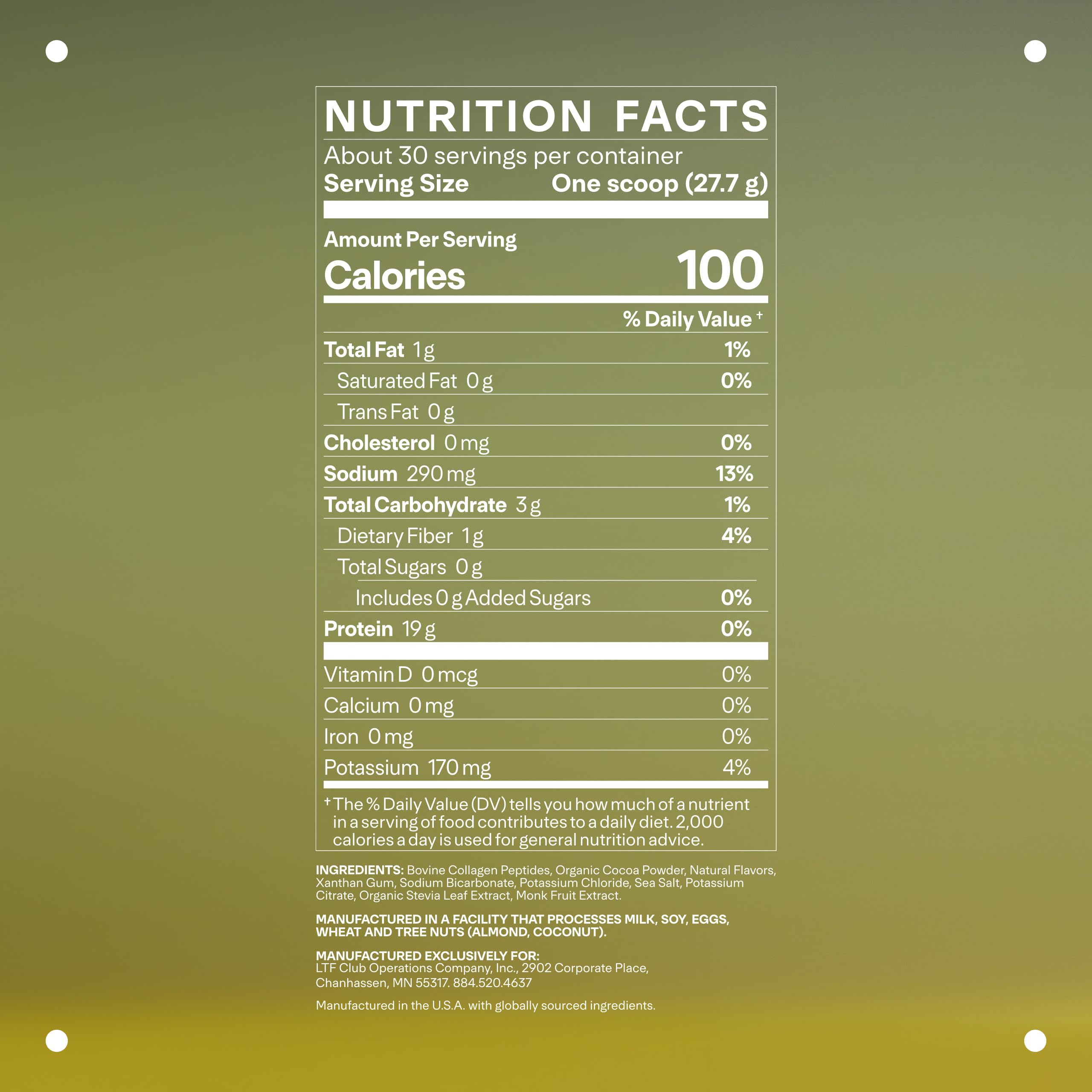 Chocolate flavor LTH Prime Collagen Peptides scoop beside jar