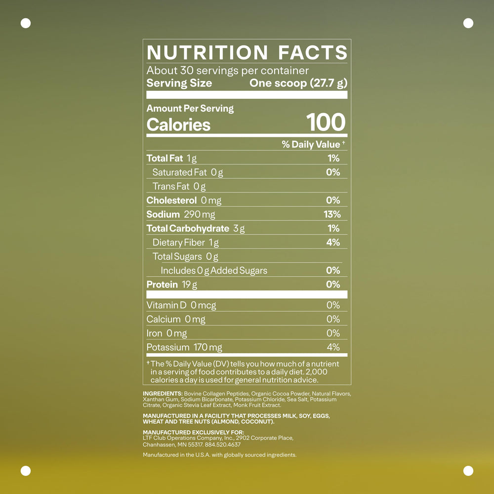 Chocolate flavor LTH Prime Collagen Peptides scoop beside jar