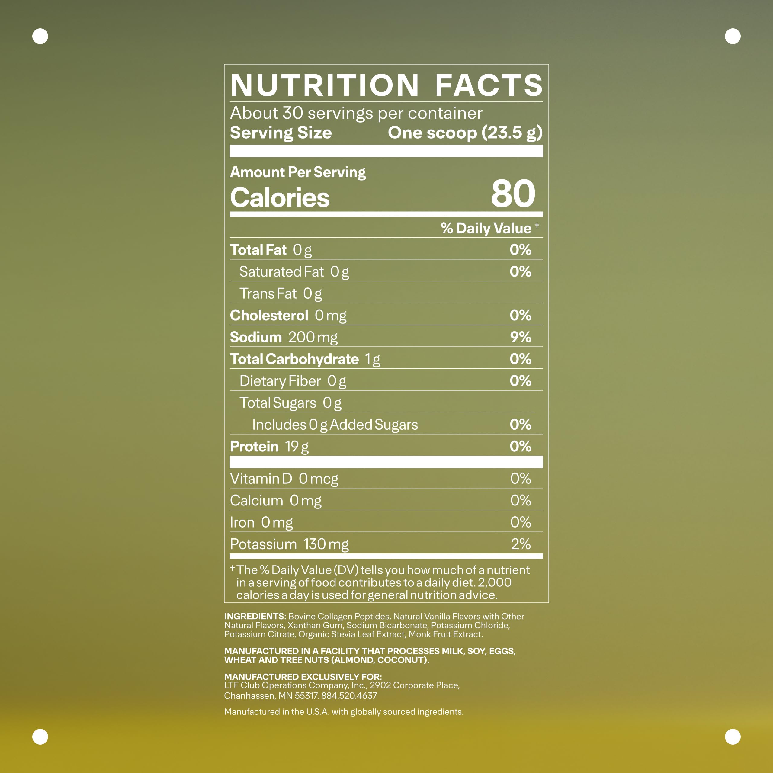 Vanilla collagen powder scoop on white background