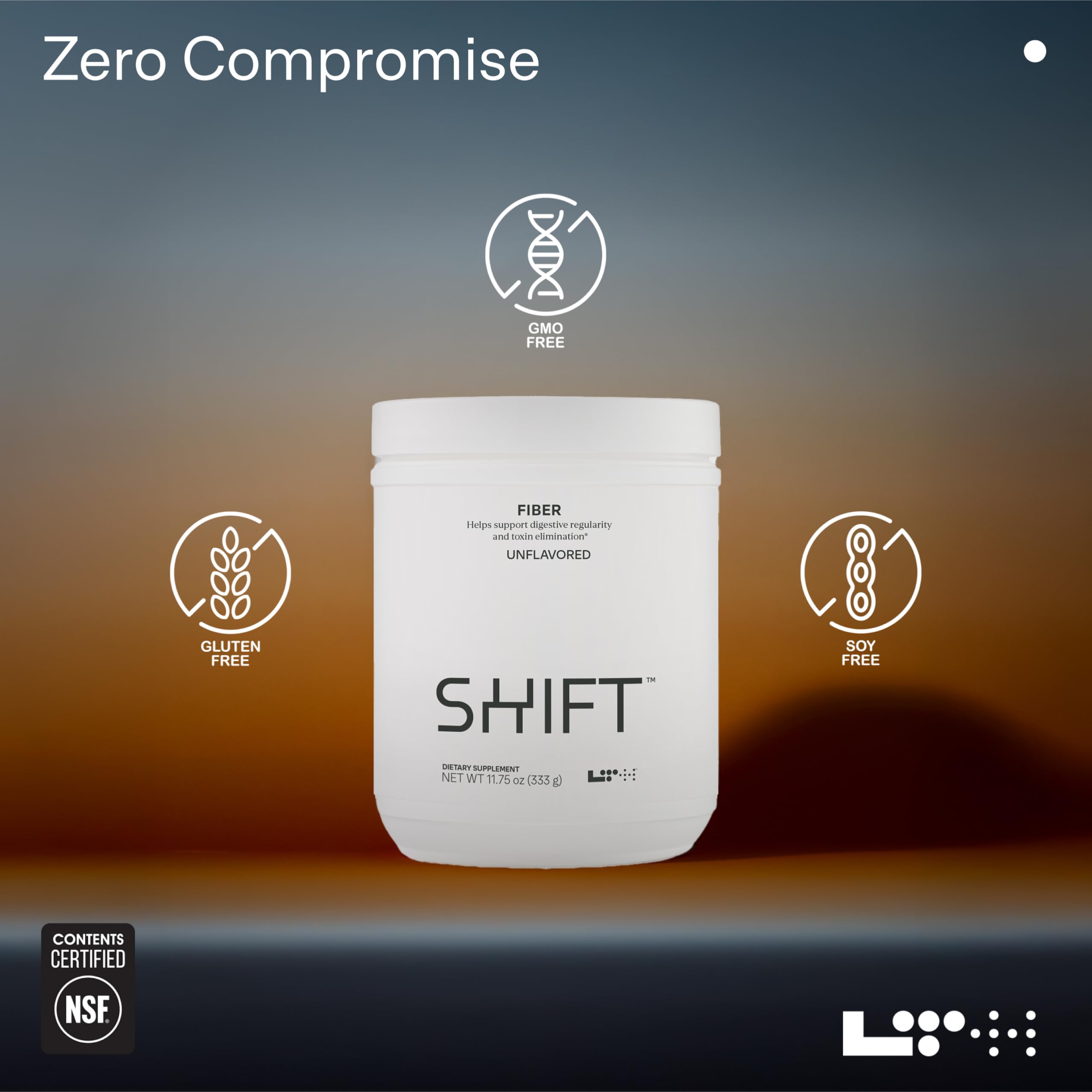 Close-up of LTH Shift nutrition label highlighting 5 g fiber per scoop