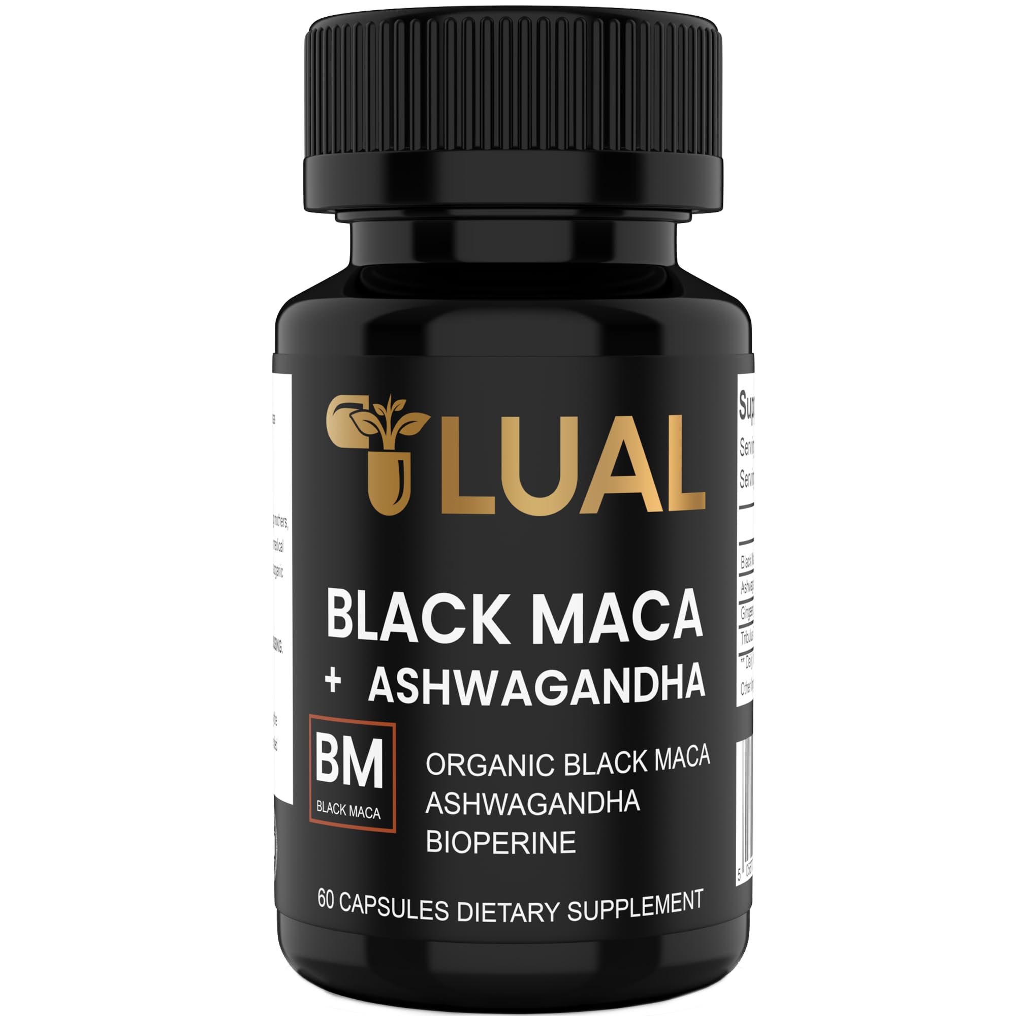 LUAL Black Maca Root capsules with Ashwagandha bottle label showing 30,000mg potency