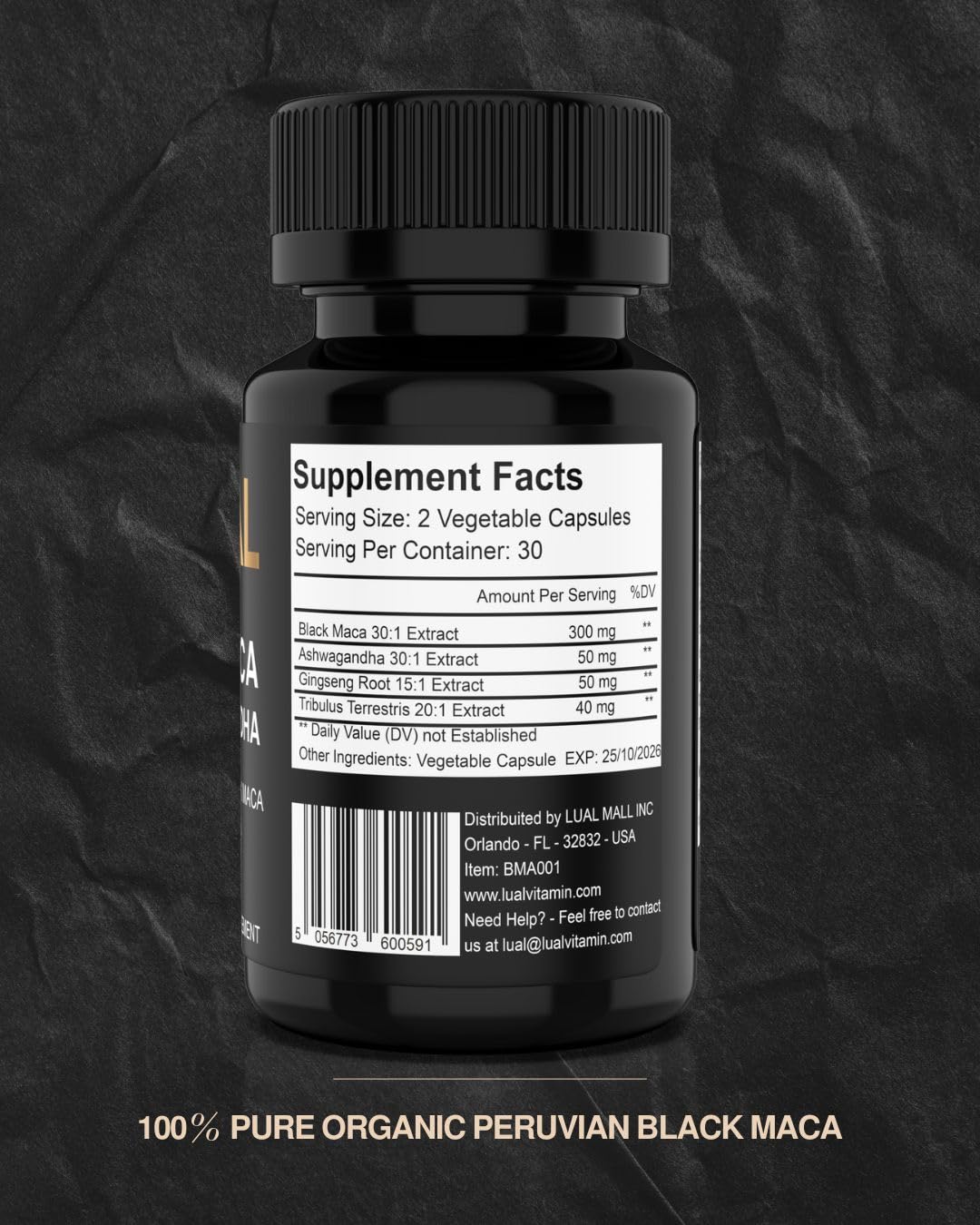 60-caplet bottle of LUAL Black Maca Root with Ashwagandha