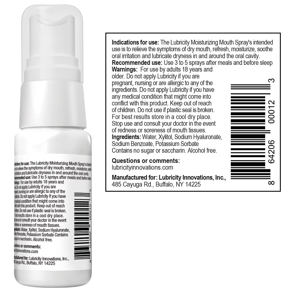 Close-up of spray nozzle dispensing Lubricity Dry Mouth Spray