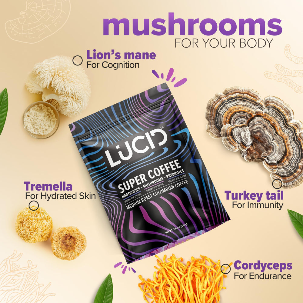 Close-up of Lion's Mane, Cordyceps, and Tremella mushrooms
