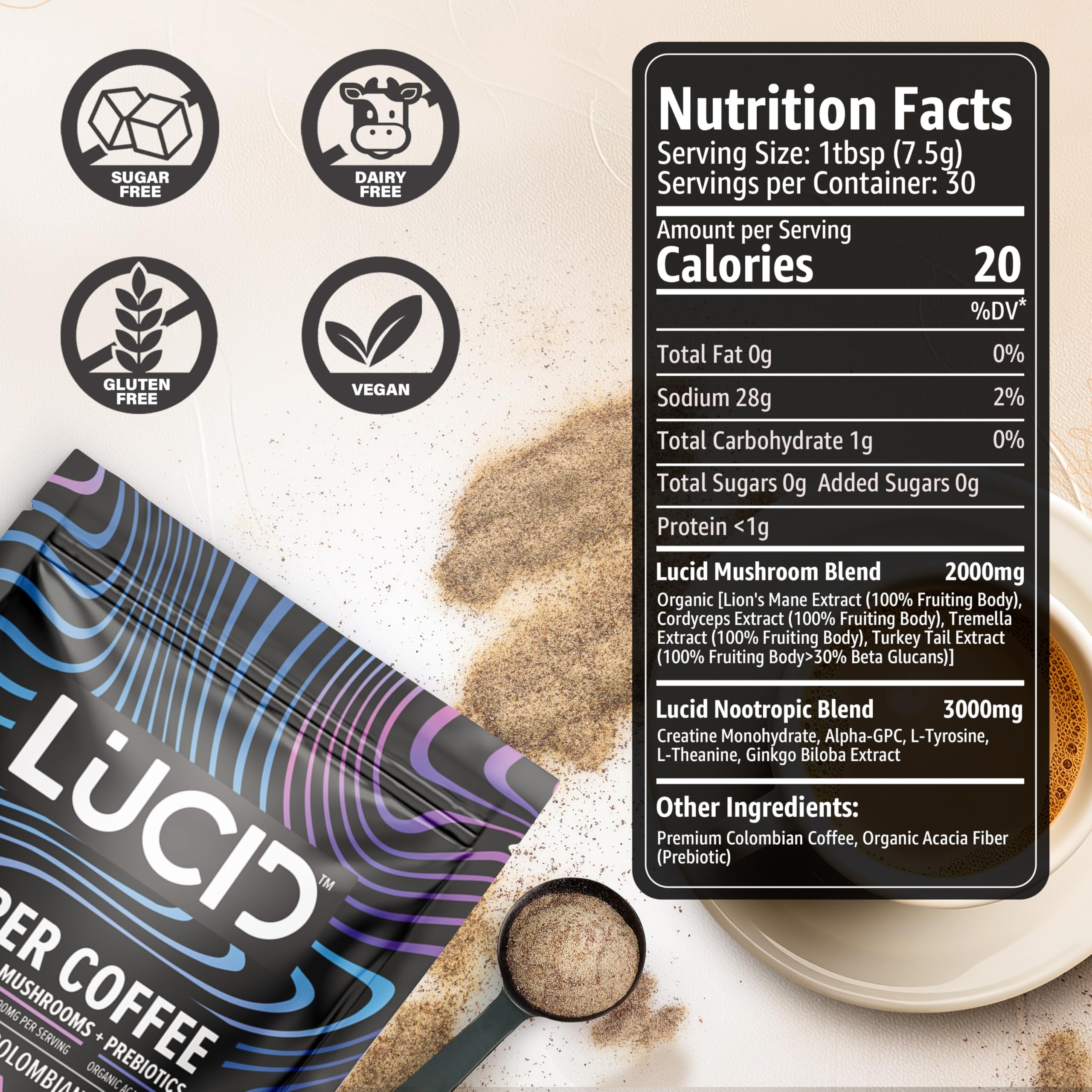 Ginkgo Biloba and L-Theanine supplement bottles beside coffee