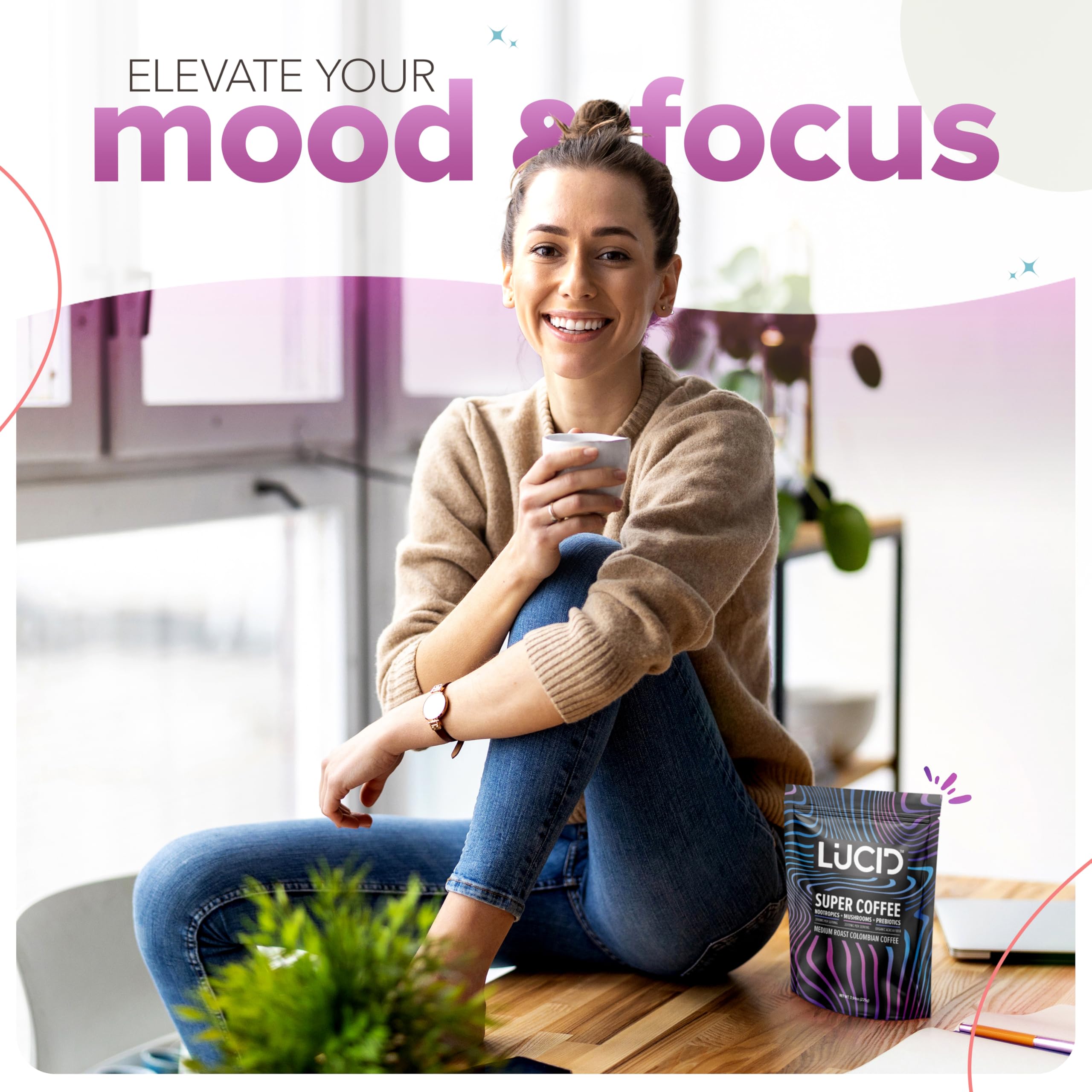 Morning scene with a cup of Lucid Superfood mushroom coffee