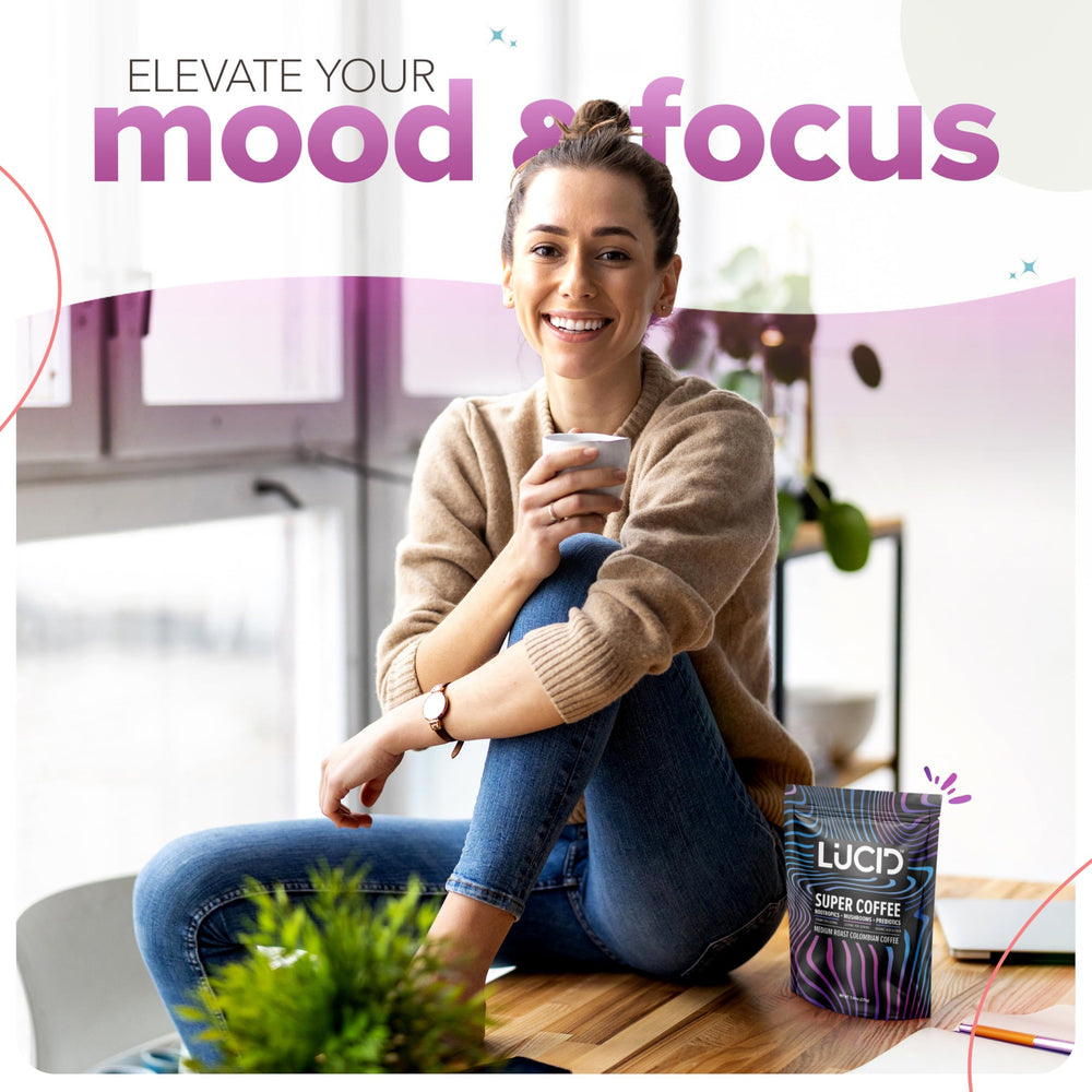 Morning scene with a cup of Lucid Superfood mushroom coffee