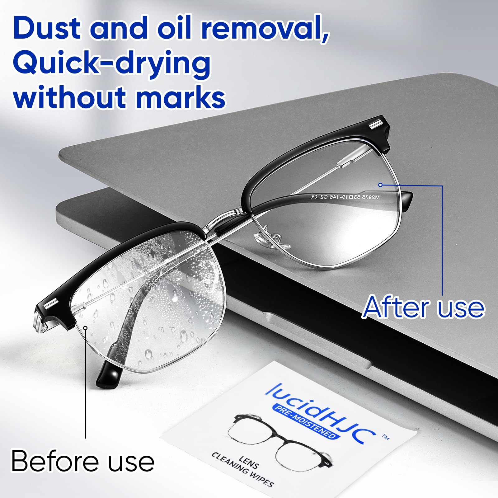Eyeglasses lenses being cleaned with LucidHJC wipe