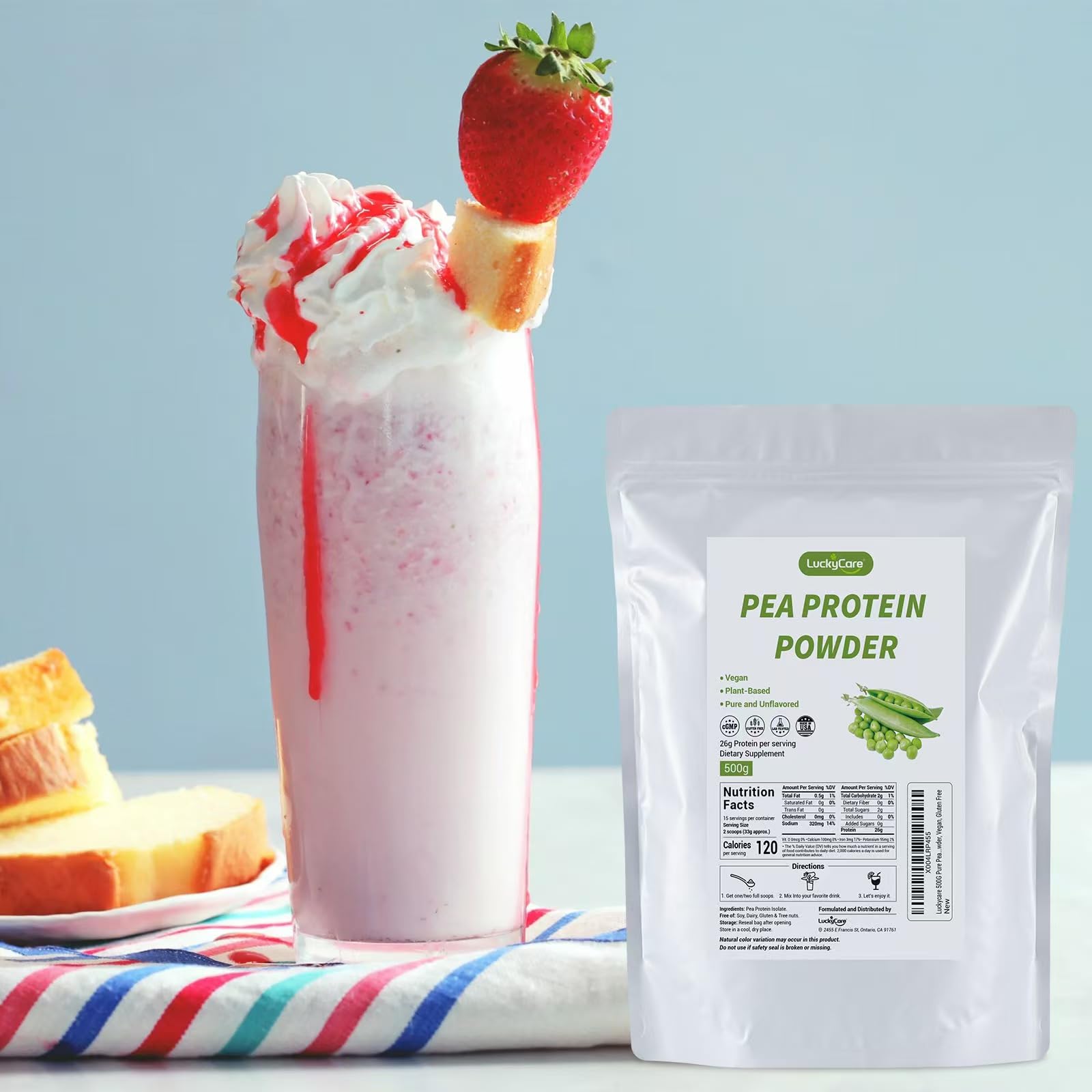 Luckycare pea protein powder smoothie pour shows easy mix into beverages.