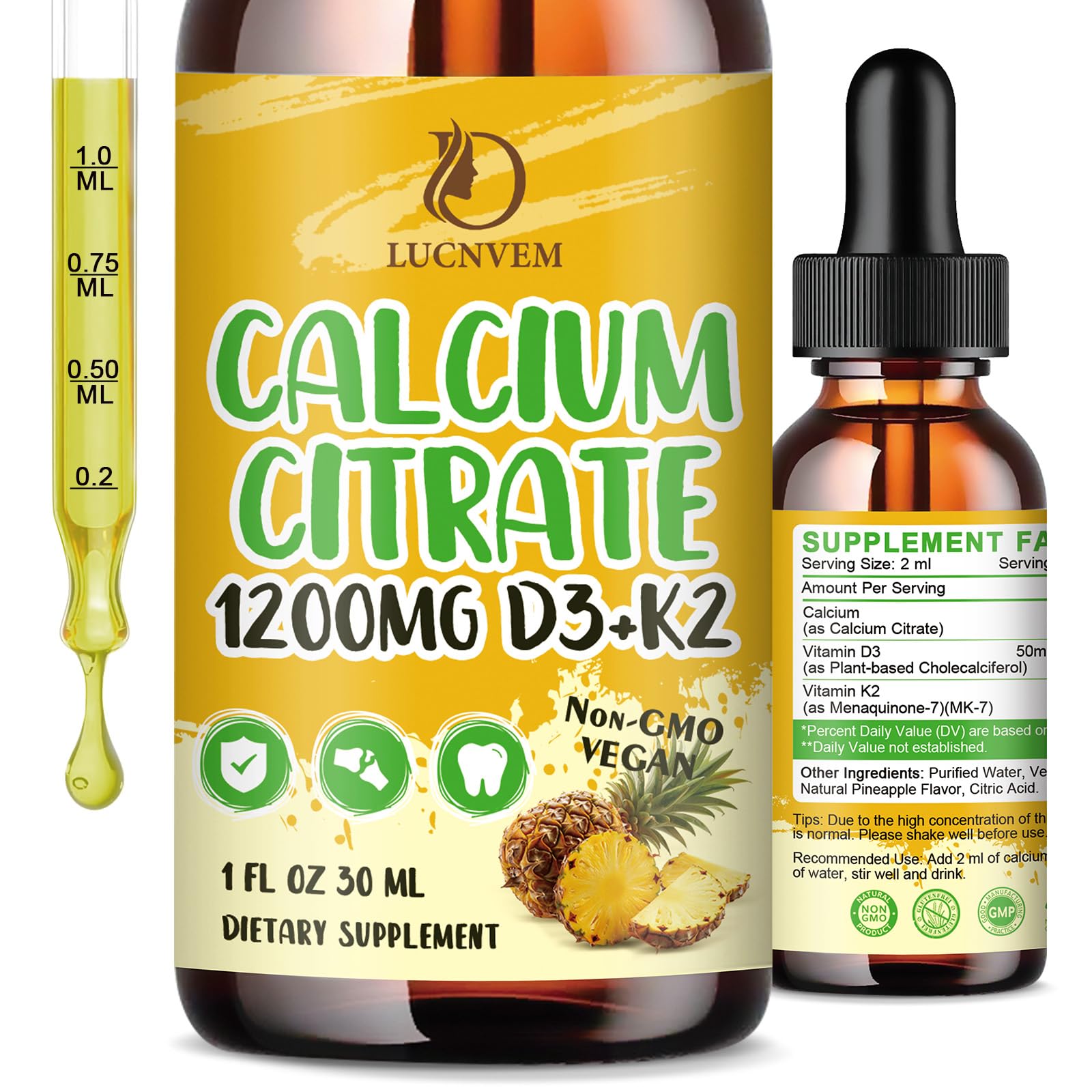 LUCNVEM Calcium Citrate 1200 mg Liquid Drops – 2 fl oz bottle