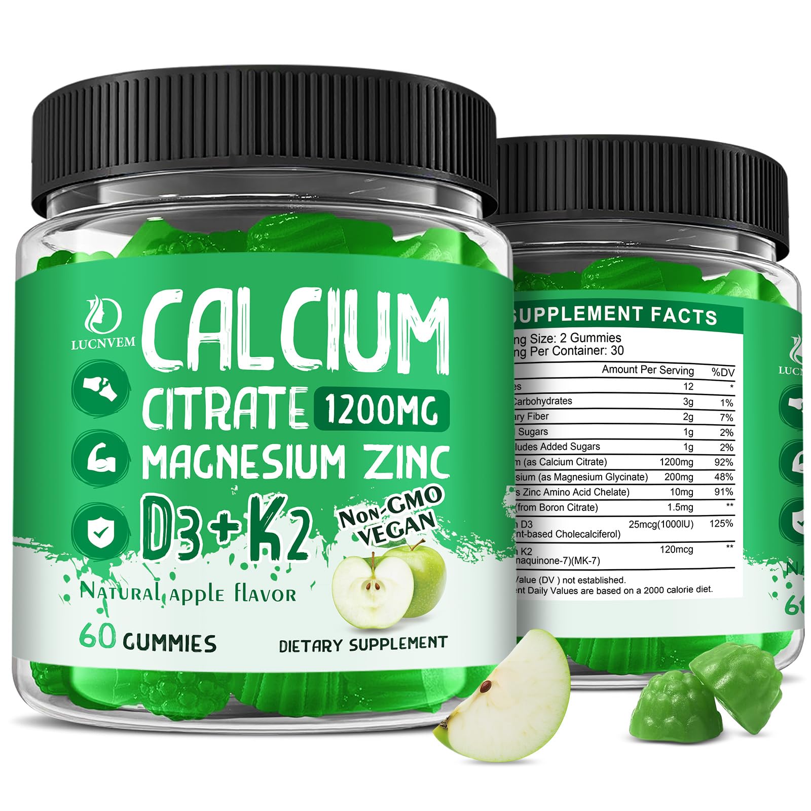 LUCNVEM 2-pack calcium citrate gummies packaging with apple flavor
