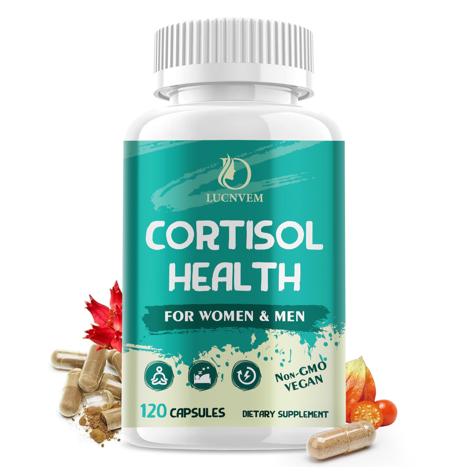 LUCNVEM Cortisol Support bottle and capsules on white background